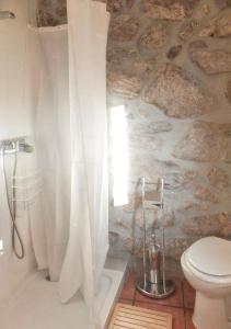 a bathroom with a toilet and a stone wall at Cozy house in Águeda 45 m² with shared pool in Urgueira
