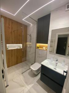a bathroom with a toilet and a sink and a shower at Apartamente Arad Premium in Arad