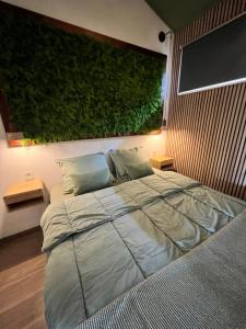 a bedroom with a large bed with a green wall at De Hombrake, Bed & Breakfast in Wilp