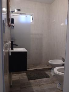 a bathroom with a sink and a toilet at Los Aromos Carhue in Carhué