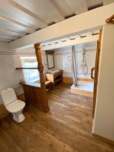 a bathroom with a toilet and a tub and a sink at Authentic Fisherman House in Preila