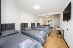 a bedroom with three beds and a flat screen tv at Apartamenty Centrum in Rybnik