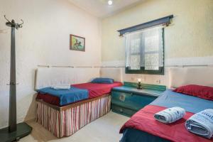 two beds in a room with red and blue at Elia Cottage in Sitia