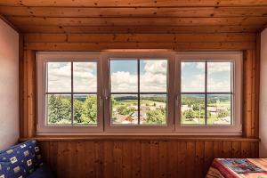 a window in a wooden room with a view at Wiesenglück in Abtsgmünd