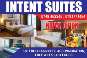 a flyer for a hotel room with two beds and food at Rasaf Cottages and Intent suits in Kyebando