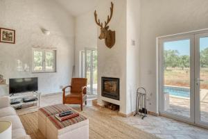 a living room with a couch and a fireplace at Casa do Sobreiro in Alcácer do Sal