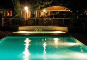 a swimming pool with a fountain at night at Chalet charmant à Saint-Jean-du-Gard in Saint-Jean-du-Gard +28 photos