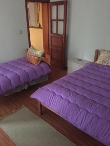 two beds in a room with purple sheets at Spacious and Charming House in Vozuća with Large Garden in Vozuća +47 photos
