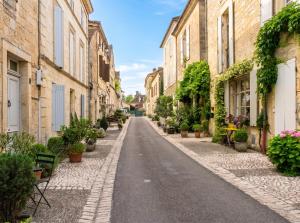 an empty street in an old town with potted plants at Studio confortable près de Beaumont-du-Périgord, 60 m², cheminée in Beaumont-du-Périgord +5 photos