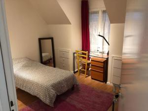 a bedroom with a bed and a dresser and a mirror at Appartement cosy à Sannois de 110 m² avec jardin clôturé in Sannois