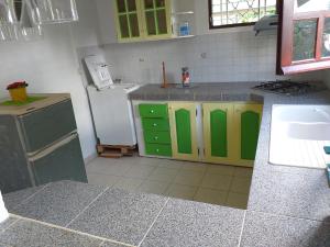 a kitchen with green cabinets and a white refrigerator at Appartement charmant Morne-À-l'Eau in Morne-à-lʼEau