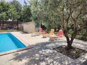 a pool with chairs and a tree in a yard at Les Buis in Carpentras