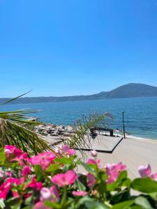 a view of a beach with pink flowers at Swiss Rivage Hotel in Vlorë