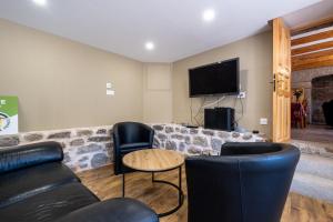a living room with a couch and chairs and a tv at Digitales en margeride in SAINT DENIS EN MARGERIDE