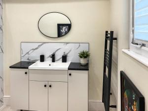 a bathroom with a white sink and a mirror at Eagle Lodge in Cowbridge