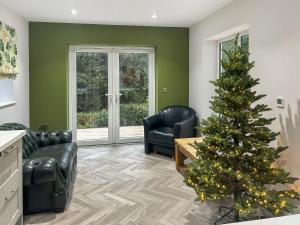 a living room with a christmas tree and two chairs at Cannock Chase in Rugeley