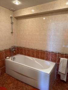 a bath tub in a bathroom with brown tiles at Guest House Bed and Birding in Durankulak