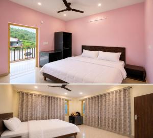 a bedroom with pink walls and a bed and a window at Aurelia Ridge in Bīr