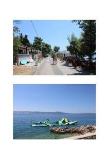 two pictures of a beach with a surfboard in the water at Villa Noah Apartment 3 in Novi Vinodolski