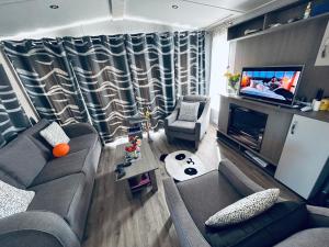 a living room with a couch and a tv at Chalet am Wattenmeer Holland in Lauwersoog