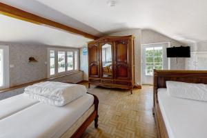 a bedroom with two beds and a tv on the wall at Gite de Puisaye in Breteau
