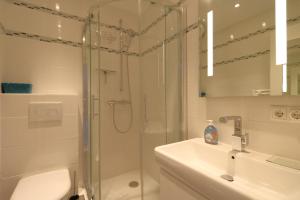 a bathroom with a shower and a toilet and a sink at Weber19 - Haus Hammerich in Wenningstedt +2 photos