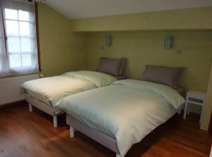 two beds sitting next to each other in a room at Gite Du Moulin De Veyriat in Lescheroux