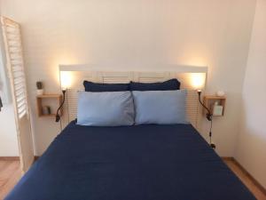 a bedroom with a blue bed with two pillows at Studio cosy avec terrasse privée - arrivée autonome in Rouffiac-Tolosan