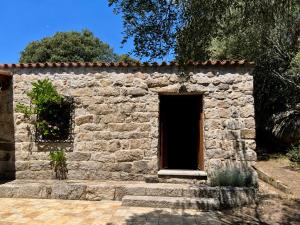 a stone building with a door in a yard at Casa La Liccia in Calangianus +6 photos