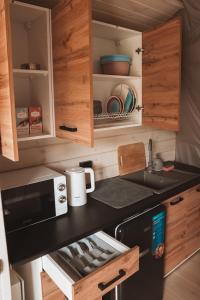 a kitchen with a black counter top and a microwave at Глемпінг Zatuшшя in Berezovka