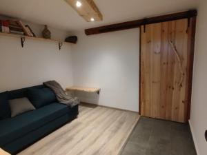 a living room with a blue couch and a wooden door at Duna Kabin in Rácalmás
