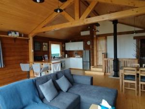 a living room with a blue couch and a kitchen at Duna Kabin in Rácalmás