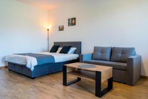 a bedroom with a bed and a couch and a table at Blisko Natury Jacuzzi & Sauna in Pisz