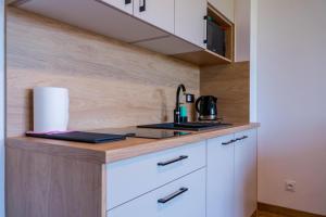 a kitchen with white cabinets and a counter top at Blisko Natury Jacuzzi & Sauna in Pisz