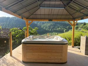 a hot tub on the deck of a house at Gîte de Chamelet - Nature et tranquillité in Chamelet