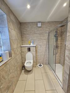 a bathroom with a toilet and a shower at Prime's Home in Nevendon