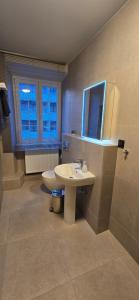 a bathroom with a sink and a toilet and a window at Drei Schweizer Hotel in Neuwied