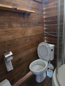 a bathroom with a toilet and wooden walls at Divoto Zove in Tsarevo +4 photos