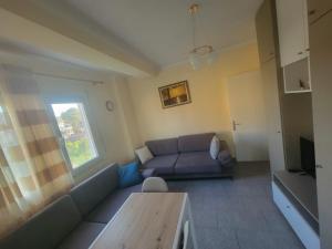 a living room with a couch and a window at Ibra apartament in Golem