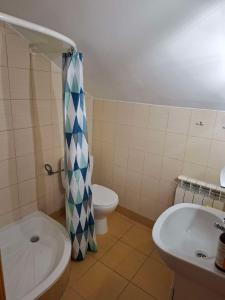 a bathroom with a sink and a toilet and a shower at Agroturystyka nad rzeczką in Szymany