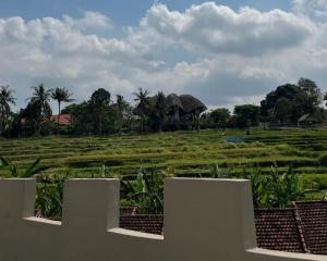 a fence in front of a field with a house at Alam Sari GUEST HOUSE in Tabanan