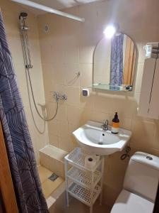 a bathroom with a sink and a shower at Agroturystyka nad rzeczką in Szymany