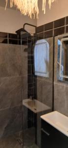a bathroom with a shower and a sink and a mirror at Precioso estudio a pie de playa in Cabo Negro