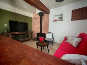 a living room with a red couch and a fireplace at Le Pène de Béon in Aste-Béon