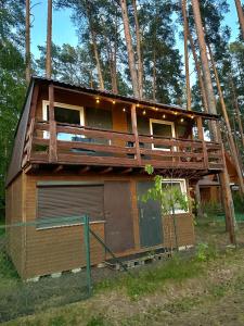 a tree house in the middle of a forest at Noclegi nad jeziorem in Wiartel Mały