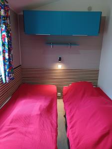 a bedroom with a pink bed and a blue ceiling at Mobil home Vegas in Blangy-le-Château