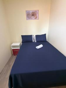 a bedroom with a large blue bed with blue pillows at Casa da Lu in Barreirinhas