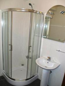 a bathroom with a shower and a sink at A Cobiça do Mundo in Pincães