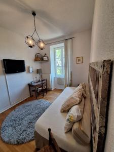 a bedroom with a bed and a tv on the wall at Domaine de Fondain in Laqueuille