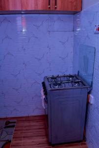 a stove in a kitchen with a blue wall at Branson Comfort Inn in Kakamega